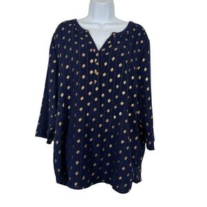 Emily Daniels Navy Blue Gold Polka Dot Tunic Blouse 3/4 Sleeve